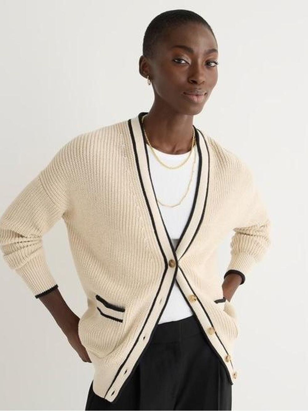 J. Crew Tipped V-neck cotton cardigan sweater